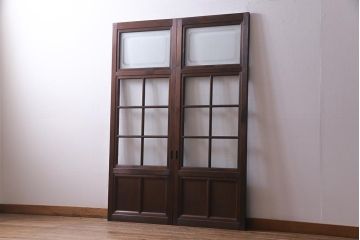 アンティーク建具　当店オリジナルガラス　高級品　シックな空間にぴったりな上手物のガラス戸2枚セット(建具、引き戸)(R-037681)