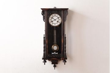 アンティーク雑貨　トレードマーク・トンボ　手巻き式　ホーロー文字盤(琺瑯)　黒柿スリゲル掛け時計(ユンハンス風、柱時計、振り子時計)(R-037699)