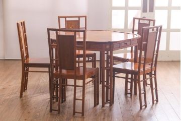 中古　唐木材　蔦の葉の図　象嵌風意匠とフレームのデザインが目を引くダイニングチェア(椅子)(R-037712)