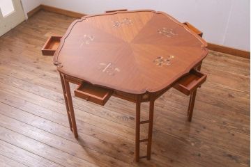中古　唐木材　松・竹・梅・菊・蔦の図　象嵌風　引き出し付き　五角形ダイニングテーブル(5人掛けテーブル)(R-037714)