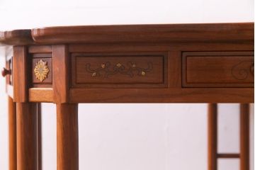 中古　唐木材　松・竹・梅・菊・蔦の図　象嵌風　引き出し付き　五角形ダイニングテーブル(5人掛けテーブル)(R-037714)