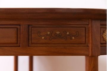 中古　唐木材　松・竹・梅・菊・蔦の図　象嵌風　引き出し付き　五角形ダイニングテーブル(5人掛けテーブル)(R-037714)