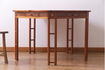 中古　唐木材　松・竹・梅・菊・蔦の図　象嵌風　引き出し付き　五角形ダイニングテーブル(5人掛けテーブル)(R-037714)
