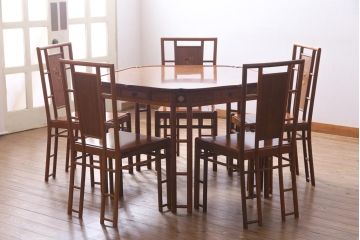 中古　唐木材　松・竹・梅・菊・蔦の図　象嵌風　引き出し付き　五角形ダイニングテーブル(5人掛けテーブル)(R-037714)
