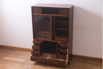 中古　指物家具　三方ケヤキ材　桐材　上質な作りの高級茶箪笥(和タンス、キャビネット、飾り棚)(定価約39万円)(R-037716)