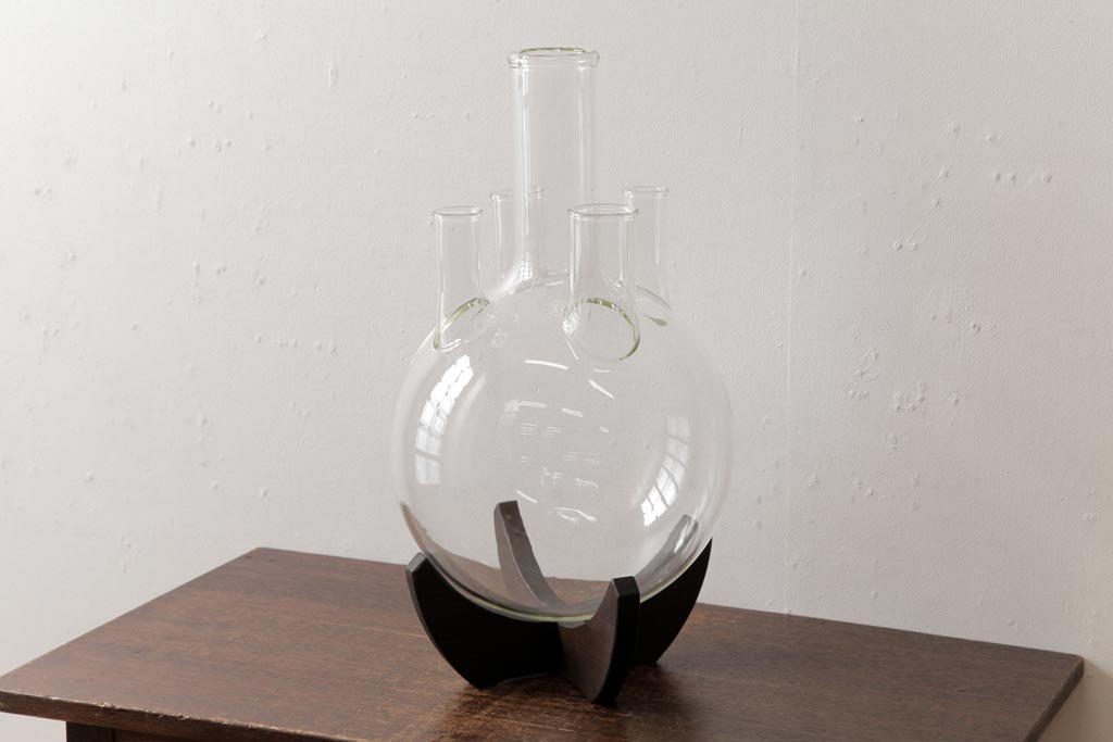 中古　HARIO(ハリオ)　10000　直径26cm　五ツ口フラスコ・スタンド付き(丸底フラスコ、実験器具、ディスプレイ)(R-037718)