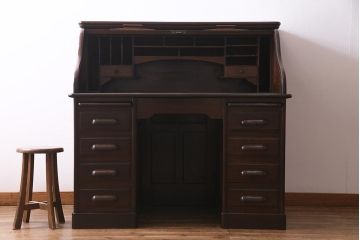 アンティーク家具　ナラ材　大正ロマン香るシックな佇まいのロールトップデスク(両袖机)(R-037728)
