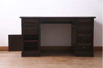 中古　松本民芸家具　シックな色合いが上品なM型両袖机(デスク)(定価62万円)(R-037729)