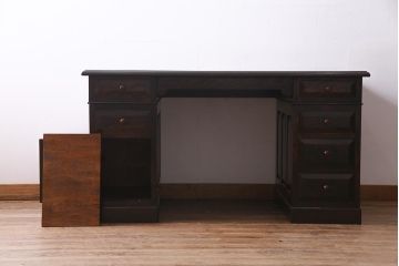 中古　松本民芸家具　シックな色合いが上品なM型両袖机(デスク)(定価62万円)(R-037729)