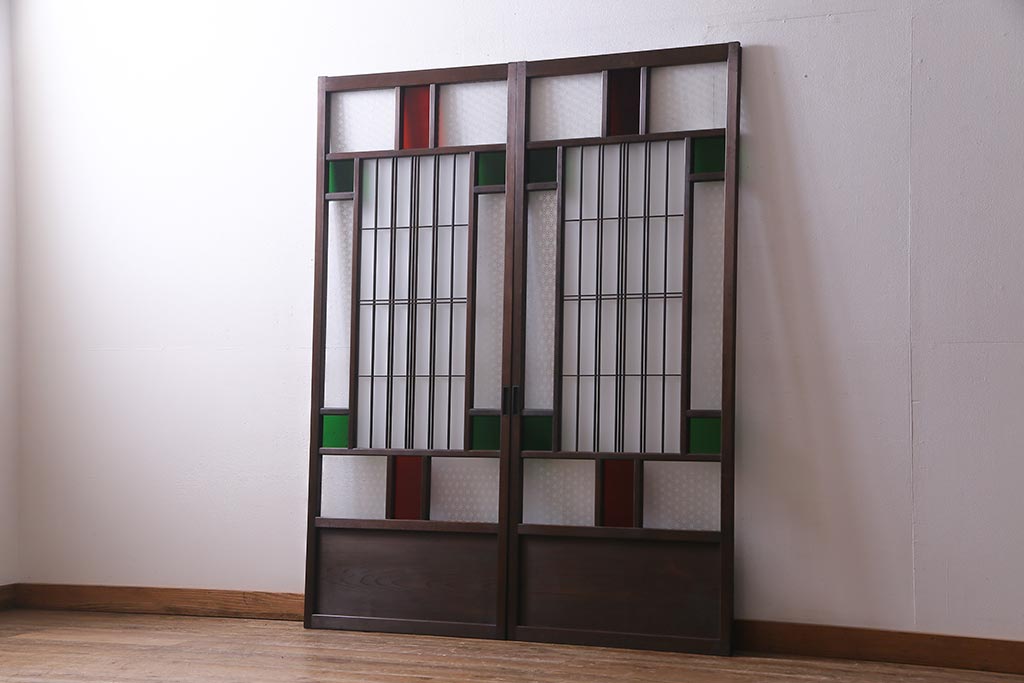 アンティーク建具　大正昭和初期　当時物色ガラス・当店オリジナルガラス　上手物のガラス戸2枚セット(引き戸)(R-037740)