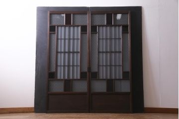 アンティーク建具　大正昭和初期　当時物色ガラス・当店オリジナルガラス　上手物のガラス戸2枚セット(引き戸)(R-037740)
