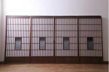 アンティーク建具　和製アンティーク　昭和初期　和の趣たっぷりのガラス入り縦額障子戸4枚セット(引き戸、格子戸、建具)(R-037742)