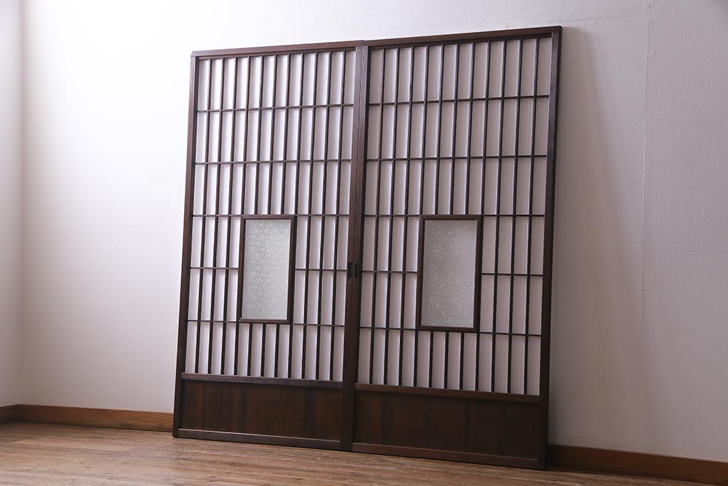 アンティーク建具　和製アンティーク　昭和初期　ダイヤガラス　和の趣たっぷりのダイヤガラス入り縦額障子戸2枚セット(引き戸、格子戸、建具)(R-037743)