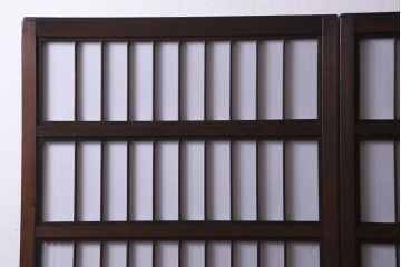 アンティーク建具　和製アンティーク　大正昭和初期　裏障子付き　小さな葉っぱ模様のガラスと細かな縦桟が目を引く格子戸2枚セット(引き戸、障子戸、建具)(R-037744)