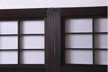 アンティーク建具　和製アンティーク　大正昭和初期　裏障子付き　ガラス入り　縦格子が美しいシックでモダンな雰囲気の格子戸2枚セット(引き戸、障子戸、建具)(R-037745)