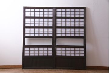 アンティーク建具　和製アンティーク　大正昭和初期　裏障子付き　ガラス入り　縦格子が美しいシックでモダンな雰囲気の格子戸2枚セット(引き戸、障子戸、建具)(R-037745)