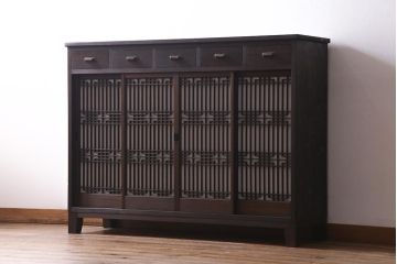 ラフジュ工房オリジナル　古建具リメイク　組子模様と障子紙が和モダンな雰囲気の脚付き戸棚(書院戸、組子、キャビネット)(R-037746)