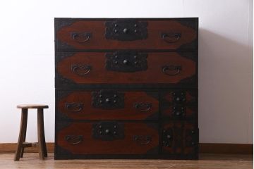 アンティーク家具　美品!　前面ケヤキ材・中桐材　かくし付き　重ね佐渡小木箪笥(時代箪笥、衣装箪笥、和タンス、引き出し、桐箪笥、桐たんす)(R-037752)