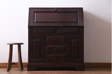 中古　民芸家具　機能的で高級感のあるライティングビューロー(デスク、机、在宅ワーク、在宅用棚)(R-037753)