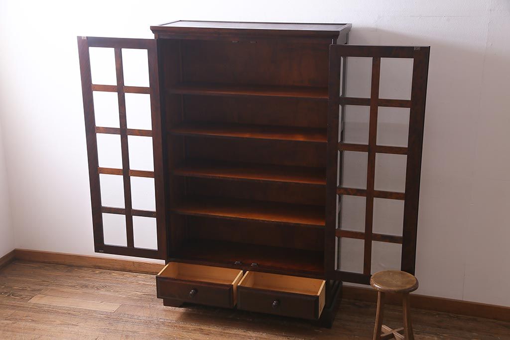 中古　北海道民芸家具　#115　落ち着いた色味のブックケース(本箱、収納棚、戸棚)(R-037765)