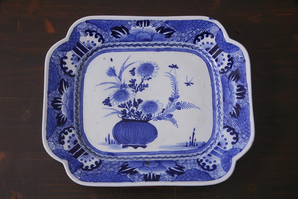 アンティーク雑貨　幕末明治期　花蝶図　染付変形大皿(和食器)(R-037793)