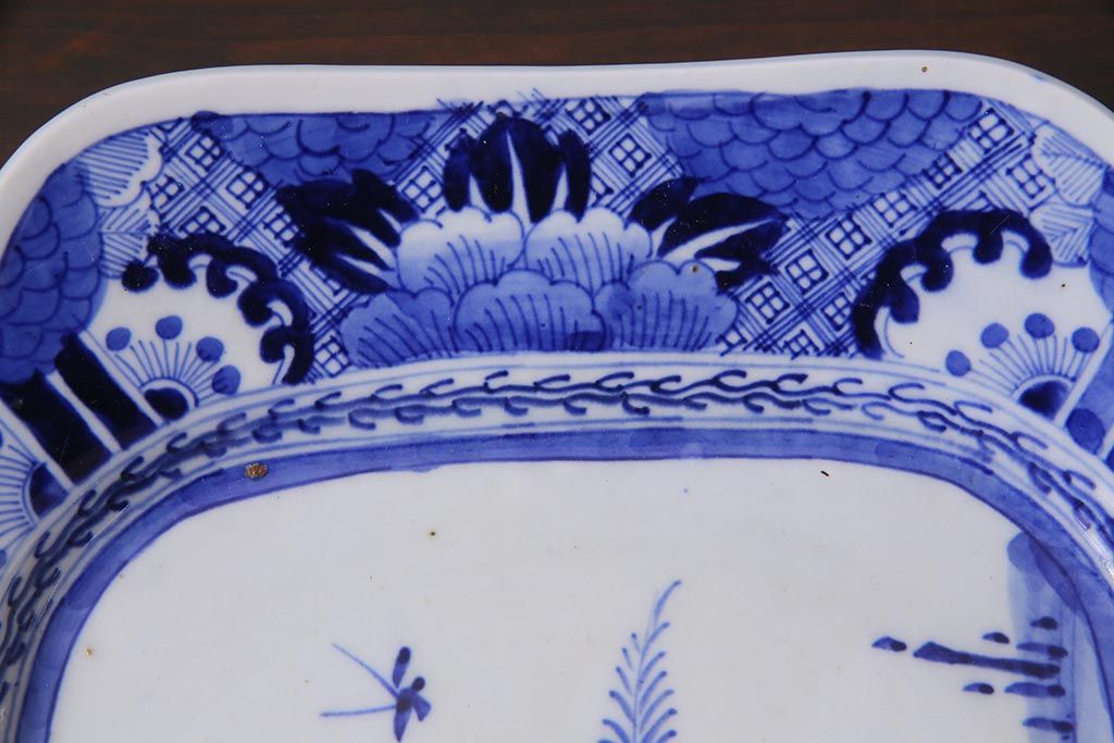 アンティーク雑貨　幕末明治期　花蝶図　染付変形大皿(和食器)(R-037793)