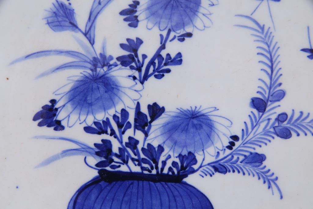 アンティーク雑貨　幕末明治期　花蝶図　染付変形大皿(和食器)(R-037793)