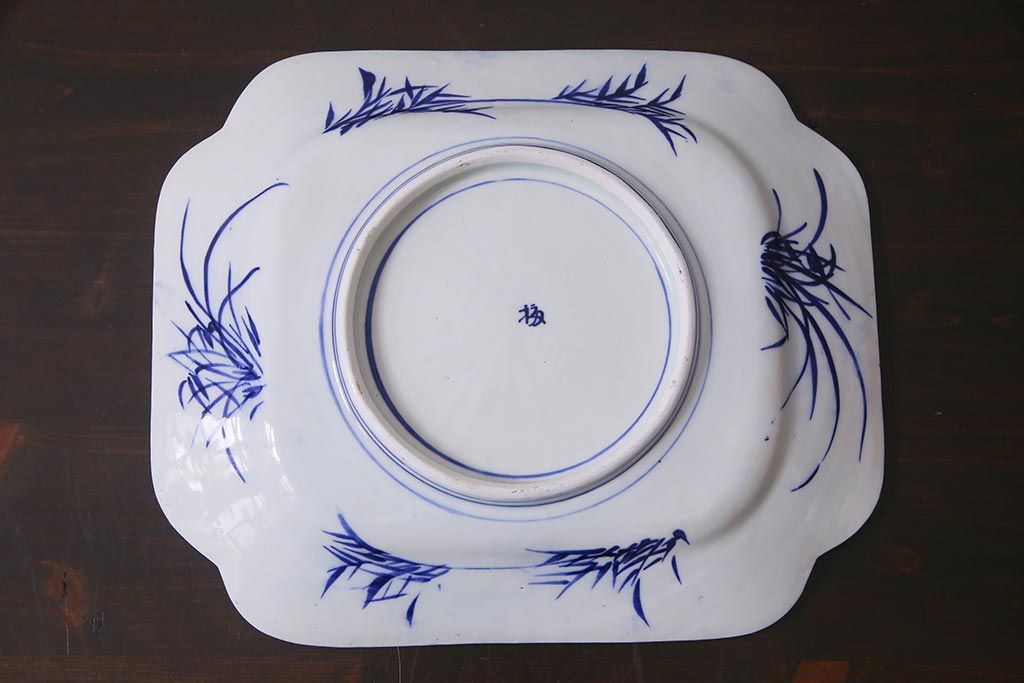 アンティーク雑貨　幕末明治期　花蝶図　染付変形大皿(和食器)(R-037793)