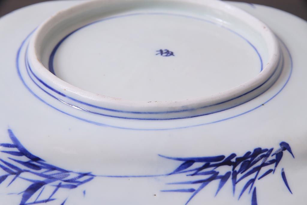 アンティーク雑貨　幕末明治期　花蝶図　染付変形大皿(和食器)(R-037793)