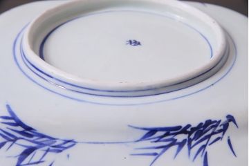 アンティーク雑貨　幕末明治期　花蝶図　染付変形大皿(和食器)(R-037793)