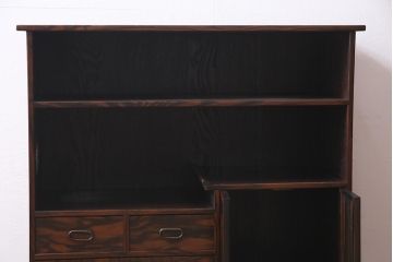アンティーク家具　大正昭和初期　縞黒檀・桐材・栓材　銅金具　上手物!上質な作りの茶箪笥(茶棚、収納棚、違い棚、桐箪笥、桐たんす)(R-037806)
