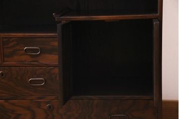 アンティーク家具　大正昭和初期　縞黒檀・桐材・栓材　銅金具　上手物!上質な作りの茶箪笥(茶棚、収納棚、違い棚、桐箪笥、桐たんす)(R-037806)