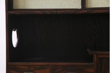 アンティーク家具　大正昭和初期　縞黒檀・桐材・栓材　銅金具　上手物!上質な作りの茶箪笥(茶棚、収納棚、違い棚、桐箪笥、桐たんす)(R-037806)