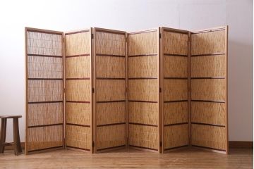 中古　夏屏風　簾屏風　茶道具　六連衝立　6枚折り花寄せ屏風(つい立て、パーテーション)(R-037811)