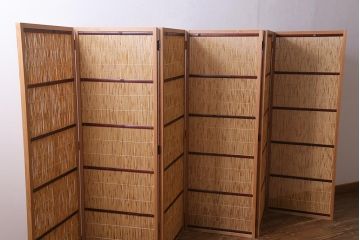 中古　夏屏風　簾屏風　茶道具　六連衝立　6枚折り花寄せ屏風(つい立て、パーテーション)(R-037811)