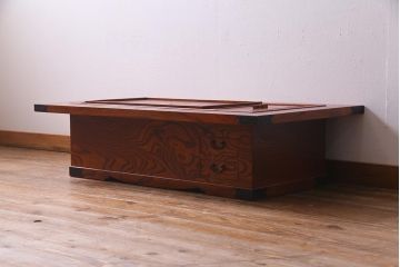 中古　民芸家具　ケヤキ材　乱れ杢　迫力のある杢目の流れが見事な関西火鉢(長火鉢、囲炉裏、座卓)(R-037813)