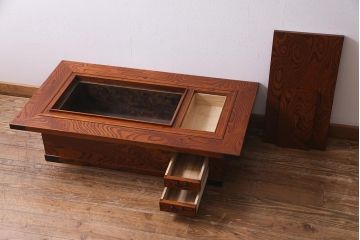 中古　民芸家具　ケヤキ材　乱れ杢　迫力のある杢目の流れが見事な関西火鉢(長火鉢、囲炉裏、座卓)(R-037813)