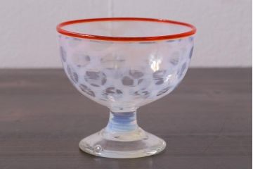 アンティーク雑貨　大正期　赤縁乳白水玉紋碗形　氷コップ(拭きガラス)(R-037826)