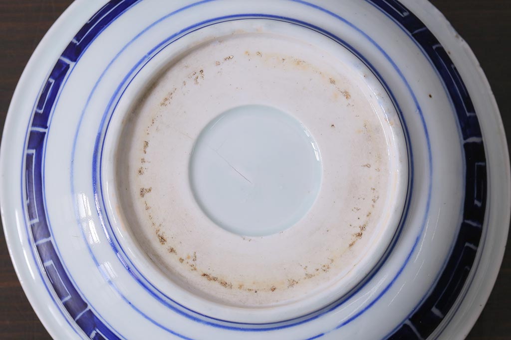 アンティーク雑貨　明治期　花波ねじり文　ベロ藍　染付深鉢・大(R-037831)