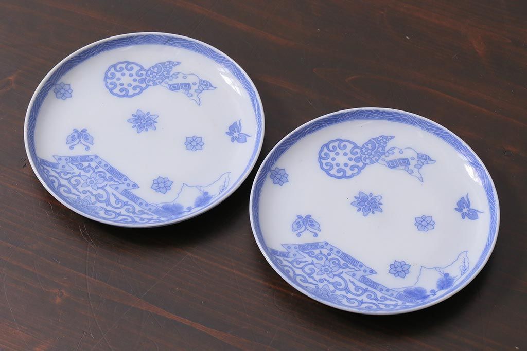 アンティーク雑貨　大正期　花蝶図　五寸　印判皿2枚セット(中皿)(R-037835)