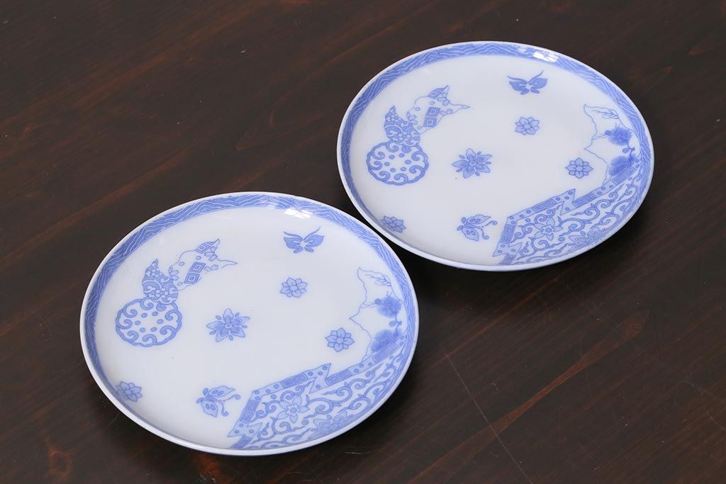 アンティーク雑貨　大正期　花蝶図　五寸　印判皿2枚セット(中皿)(R-037835)