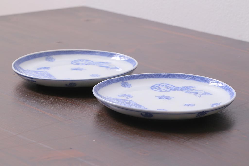 アンティーク雑貨　大正期　花蝶図　五寸　印判皿2枚セット(中皿)(R-037835)