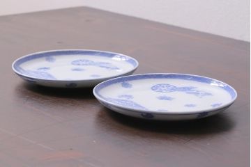 アンティーク雑貨　大正期　花蝶図　五寸　印判皿2枚セット(中皿)(R-037835)