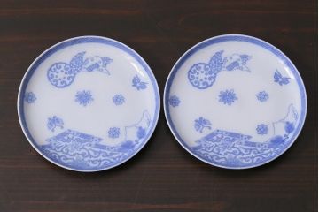 アンティーク雑貨　大正期　花蝶図　五寸　印判皿2枚セット(中皿)(R-037835)
