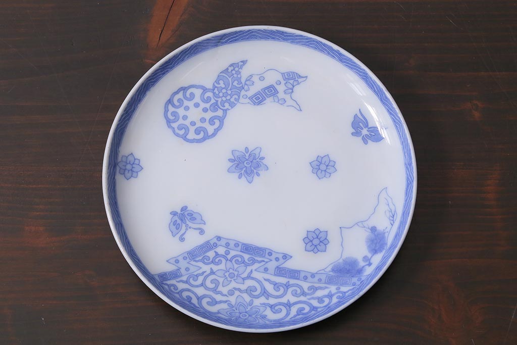 アンティーク雑貨　大正期　花蝶図　五寸　印判皿2枚セット(中皿)(R-037835)