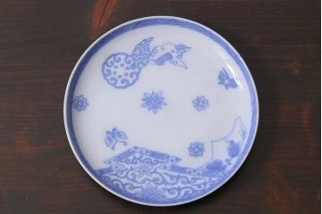 アンティーク雑貨　大正期　花蝶図　五寸　印判皿2枚セット(中皿)(R-037835)