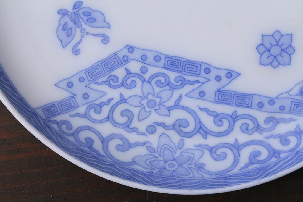 アンティーク雑貨　大正期　花蝶図　五寸　印判皿2枚セット(中皿)(R-037835)