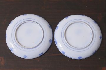 アンティーク雑貨　大正期　花蝶図　五寸　印判皿2枚セット(中皿)(R-037835)