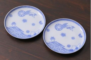 アンティーク雑貨　大正期　花蝶図　五寸　印判皿2枚セット(中皿)(R-037835)