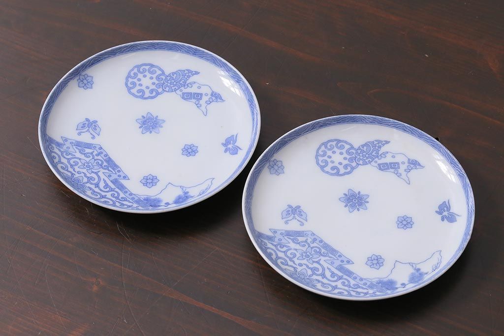 アンティーク雑貨　大正期　花蝶図　五寸　印判皿2枚セット(中皿)(R-037836)
